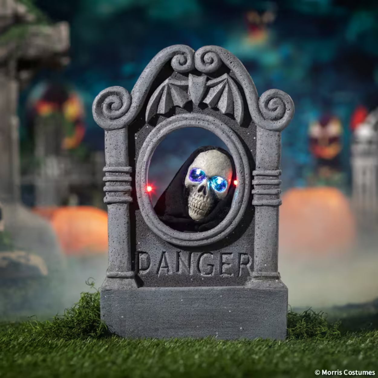 22 Gray Tombstone with Light-Up Moving Skeleton Head Halloween Decoration - Image 1