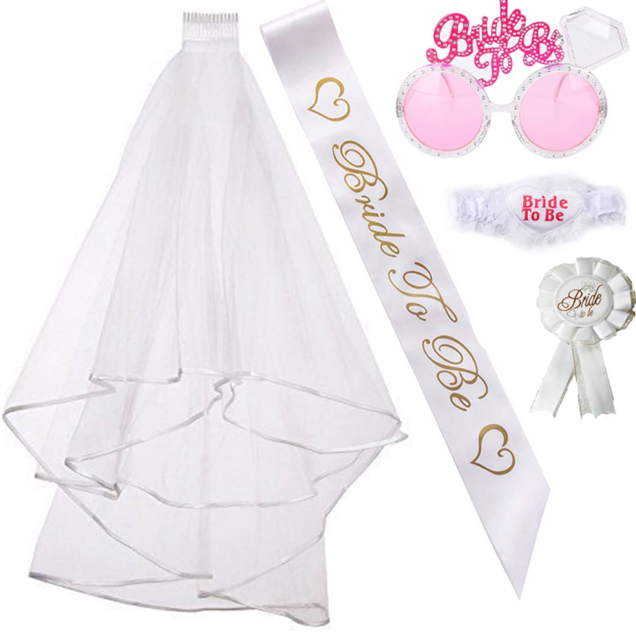 61Rv6Dbtl1L.jpg Bride To Be Accessory Kit (Wedding Veil, Sash, Glasses, Badge, Garter) - Image 1