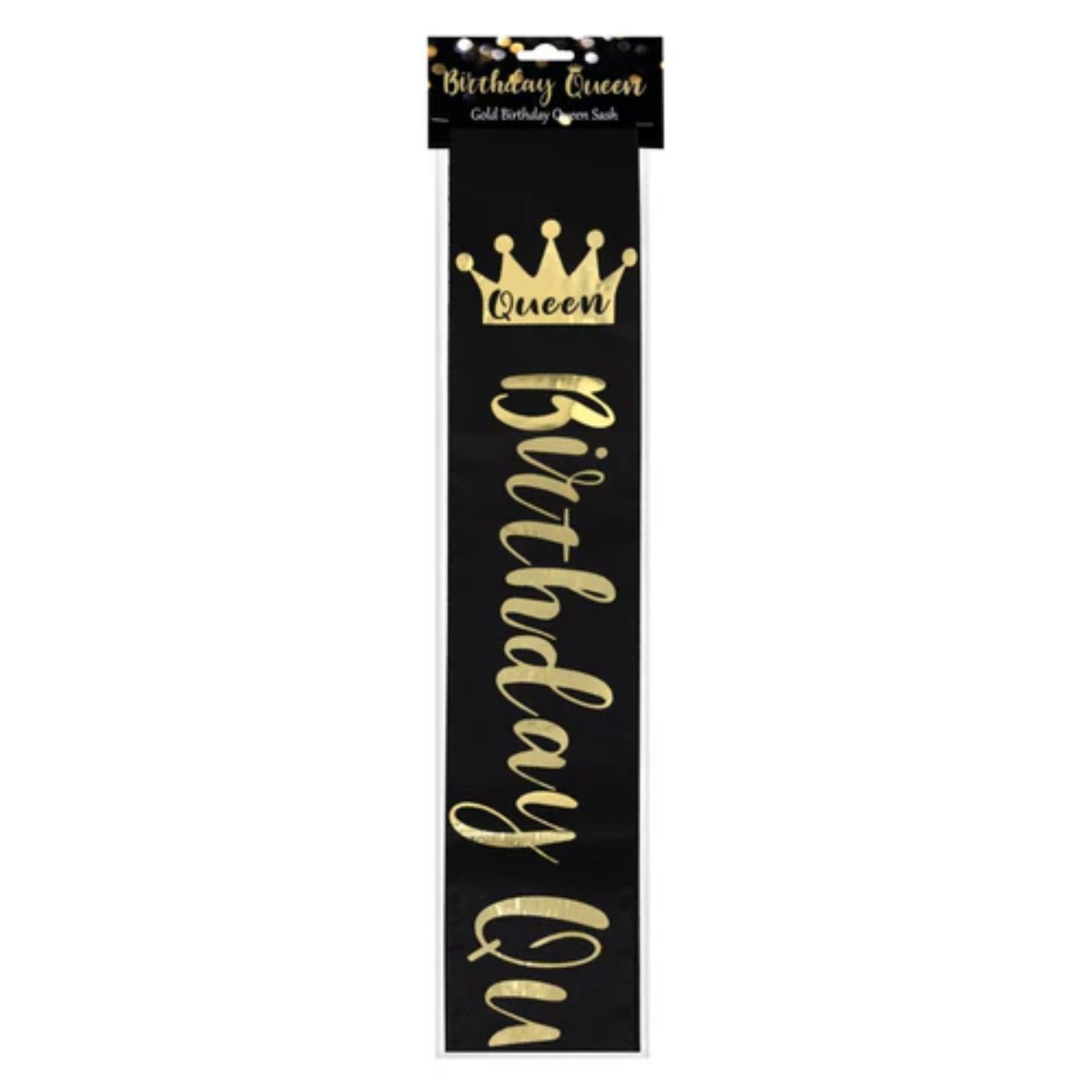 AL-SASH-BQ.jpg BLACK BIRTHDAY QUEEN SASH WITH GOLD FOIL CROWN - Image 1