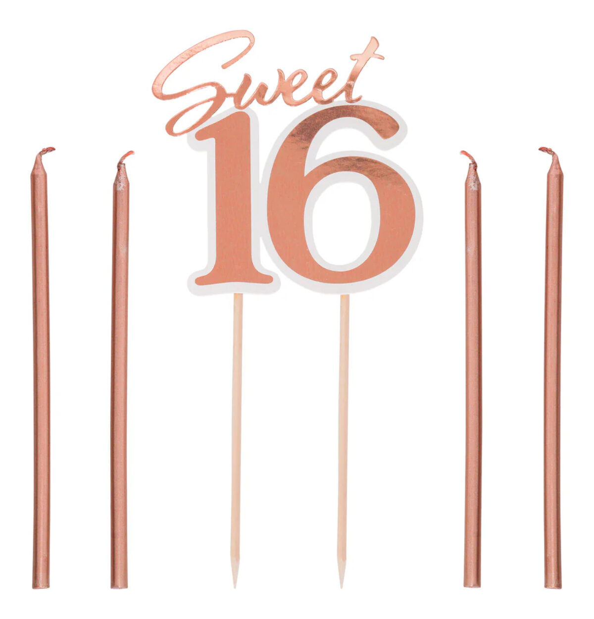 16th Birthday Sweet 16 Rose Gold Glitter Cake Topper & 4 Stick Candles