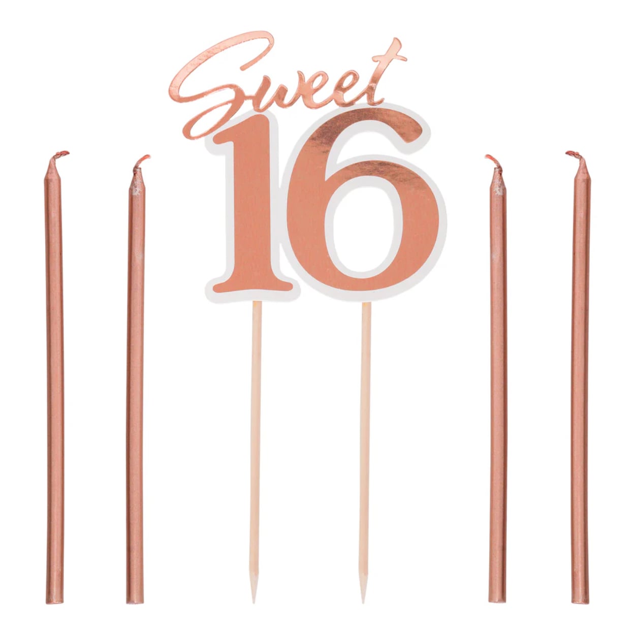 CTK-SS-05_1_1024x1024-jpg.jpg 16th Birthday Sweet 16 Rose Gold Glitter Cake Topper & 4 Stick Candles - Image 1