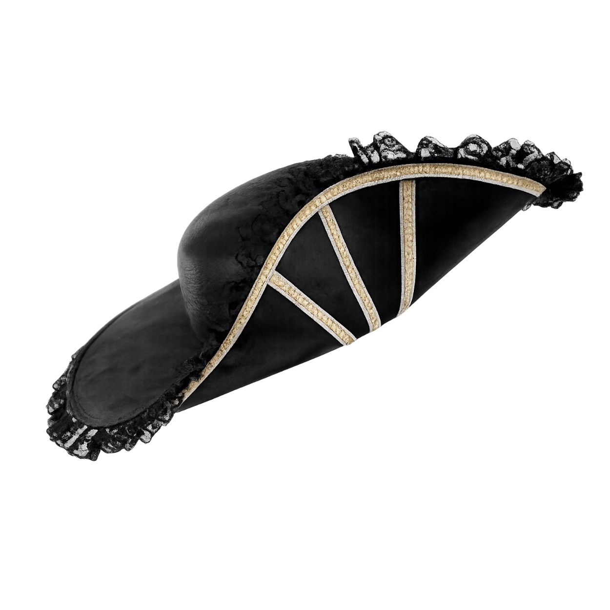ChatGPT-Image-Jun-2-2026-at-06_27_37-PM.jpg Faux Suede Pirate Hat Bi-corner Gold/White Trim/Lace - Image 1