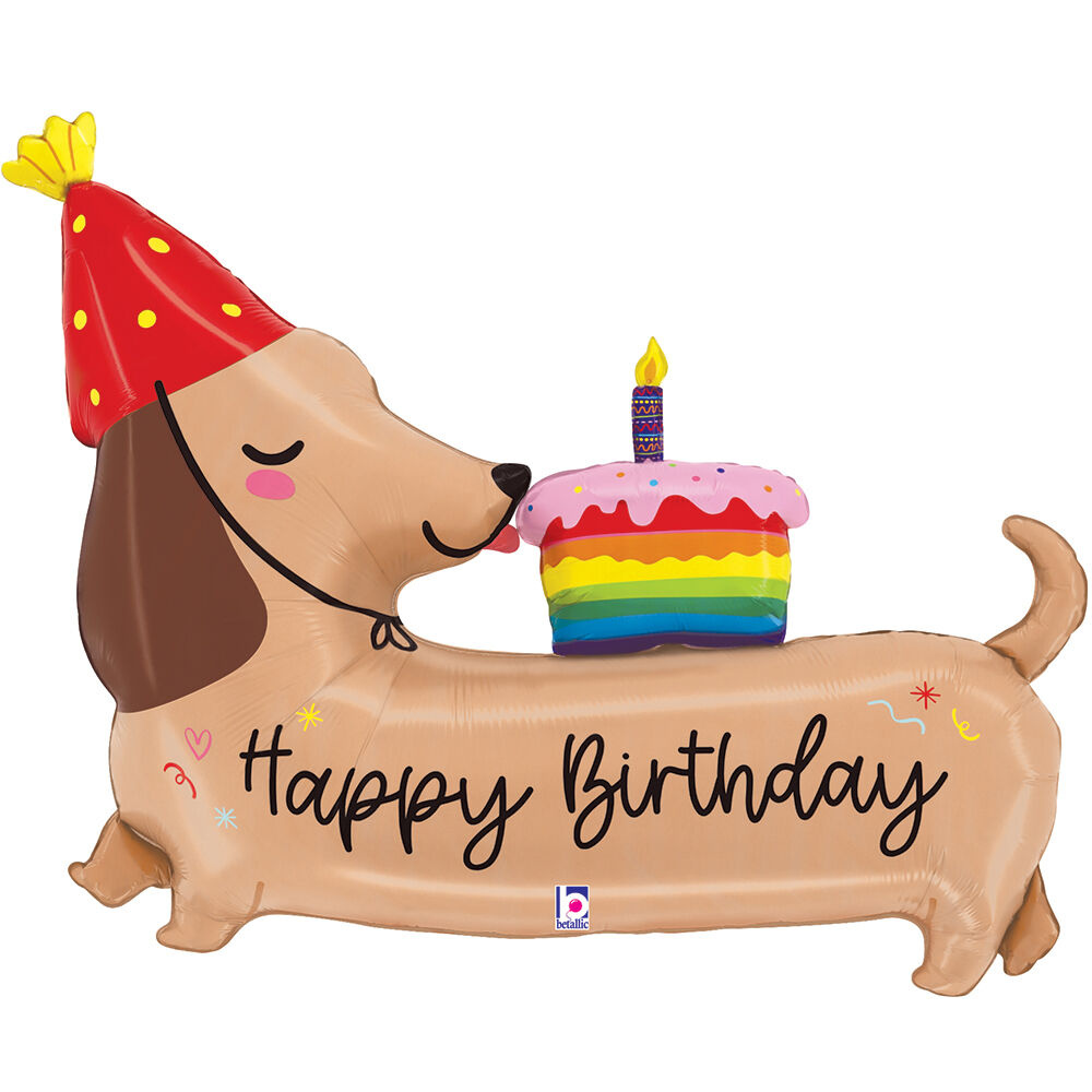 Mylar-round-1-15-.png 43" PKG HAPPY BIRTHDAY DACHSHUND SHAPE BALLOON - Image 1