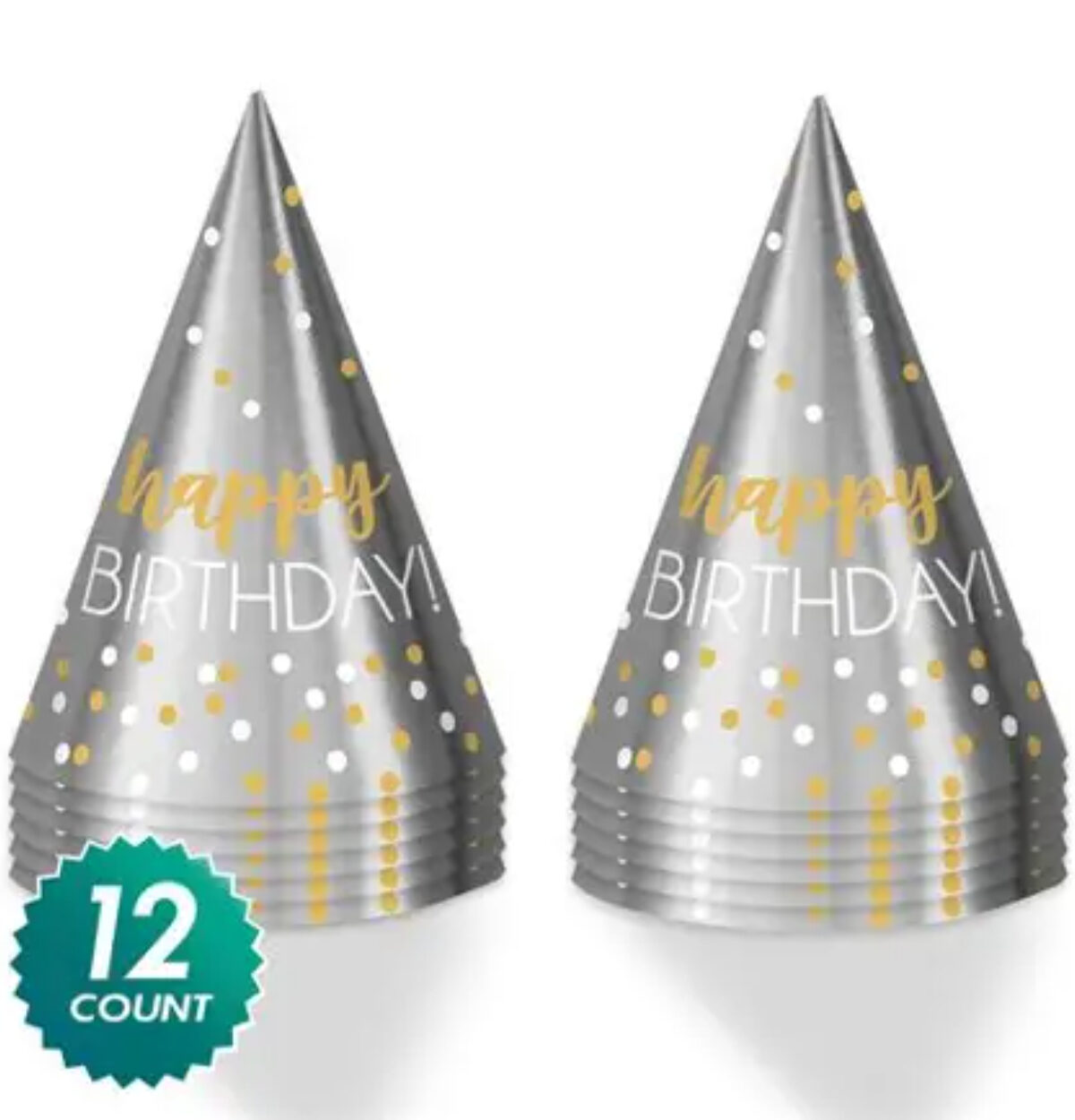 Birthday Accessories Silver & Gold Printed Cone Hats