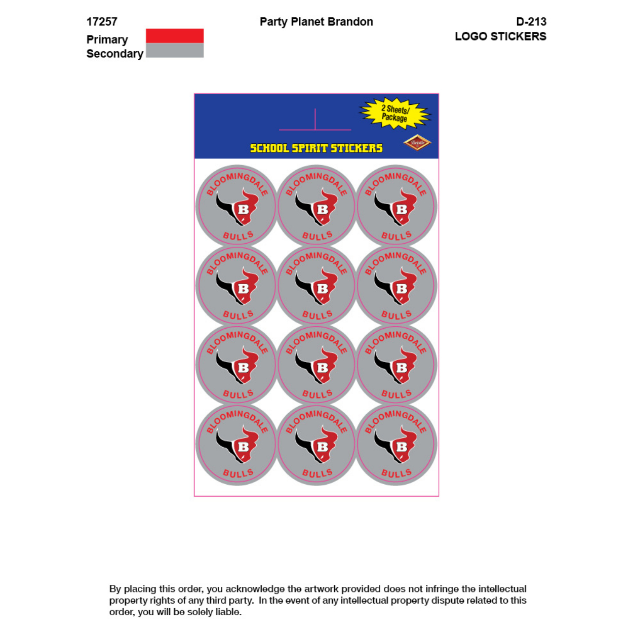 PD-213-Single_r00004_p001.jpg BLOOMINGDALE High School Spirit Stickers 24ct. - Image 1
