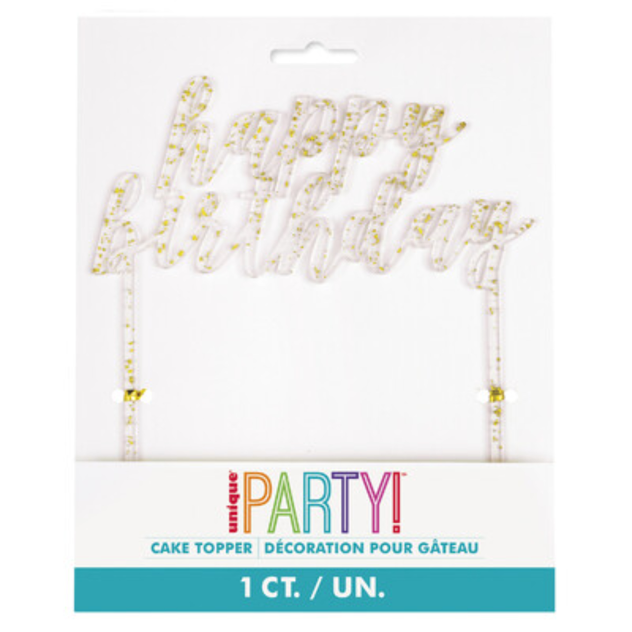 gold-flake-cake-topper.jpg Clear with Gold Foil Flecks Acrylic Cake Topper - Image 1