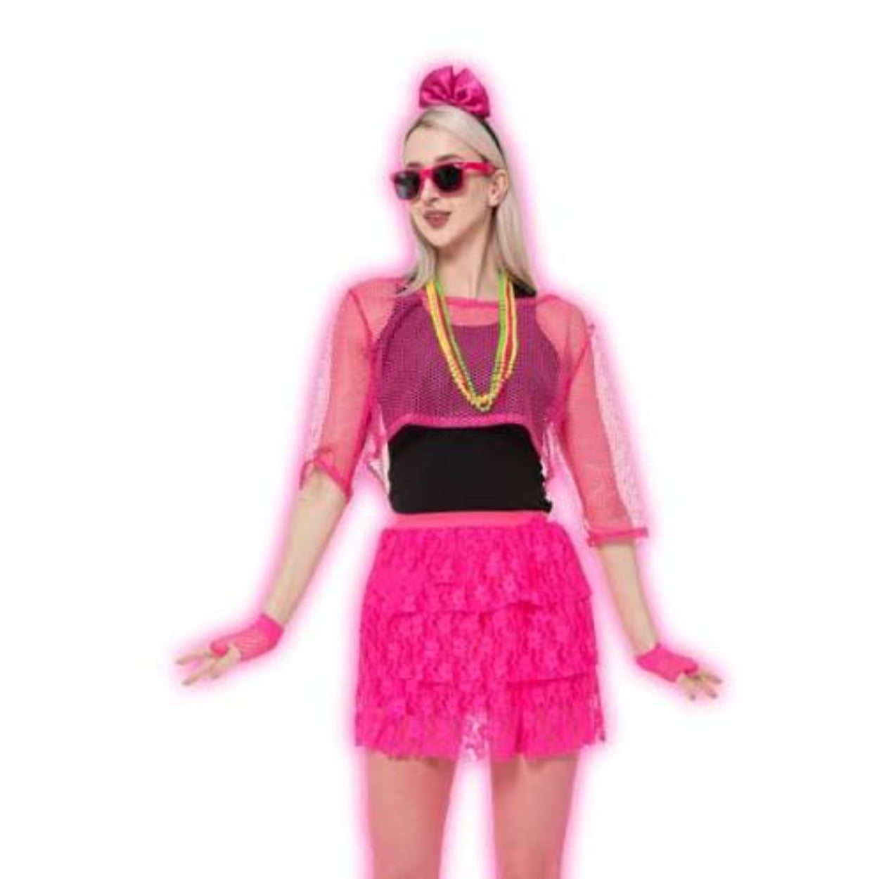 images-63.jpg 80s Pink Neon Accessory Kit (Headband, Sunglasses, Necklaces, T-shirt, Gloves, Lace Tutu Skirt, Tights) - Image 1