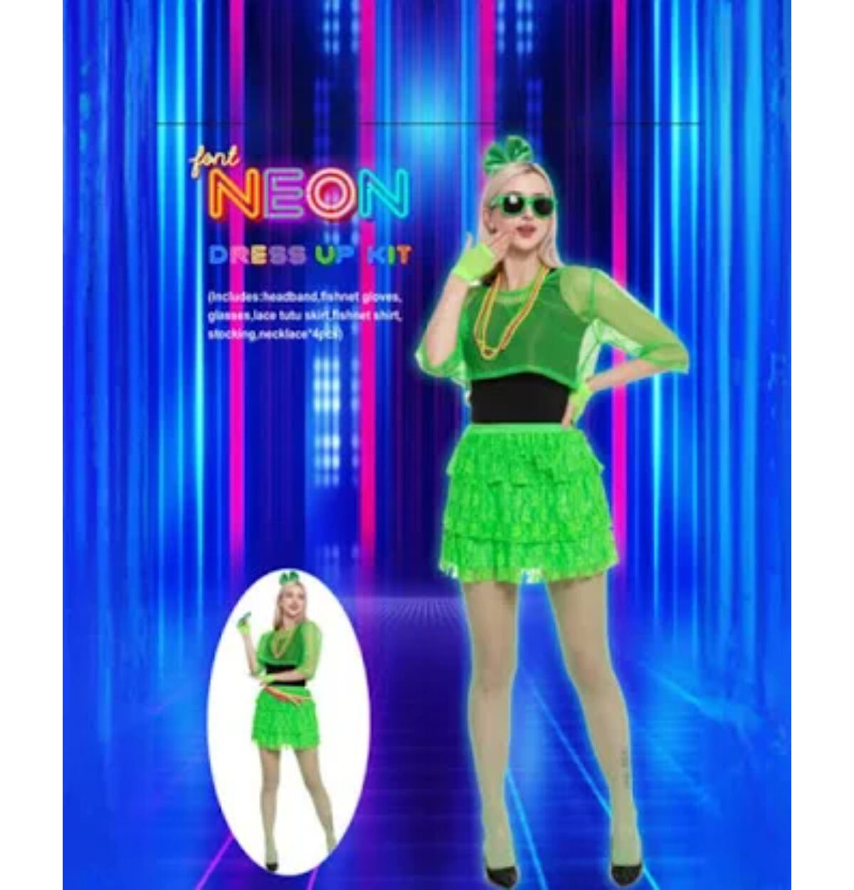 80s Green Neon Accessory Kit (Headband, Sunglasses, Necklaces, T-shirt, Gloves, Lace Tutu Skirt, Tights)