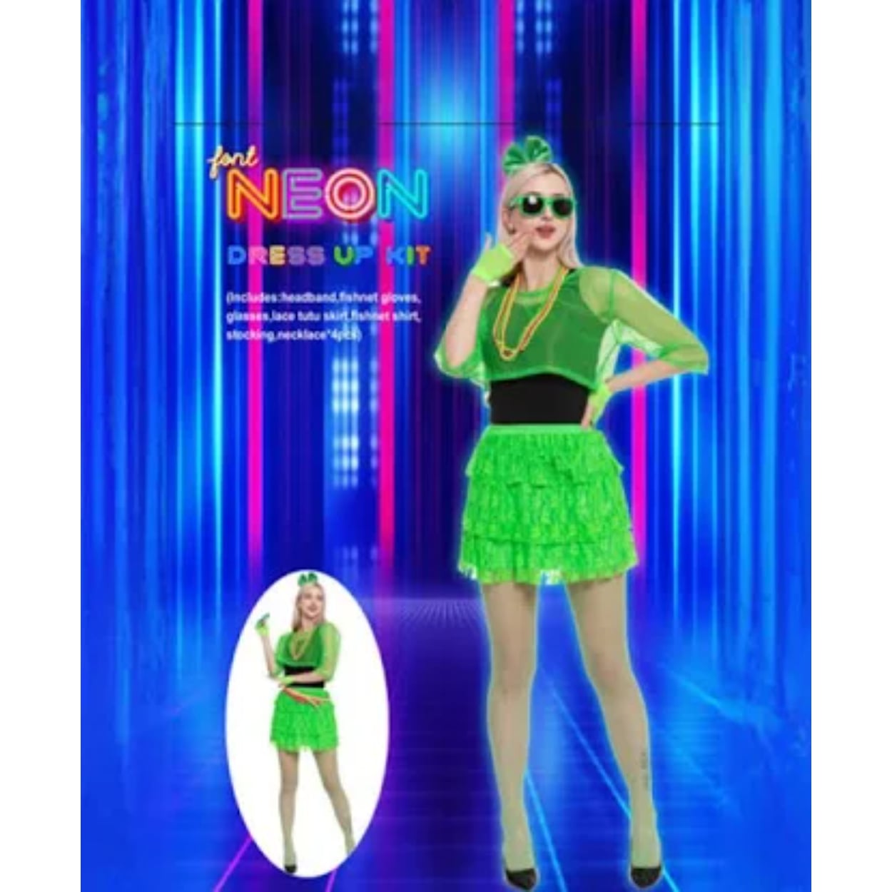 shopping-2026-06-21T135008-374.jpg 80s Green Neon Accessory Kit (Headband, Sunglasses, Necklaces, T-shirt, Gloves, Lace Tutu Skirt, Tights) - Image 1