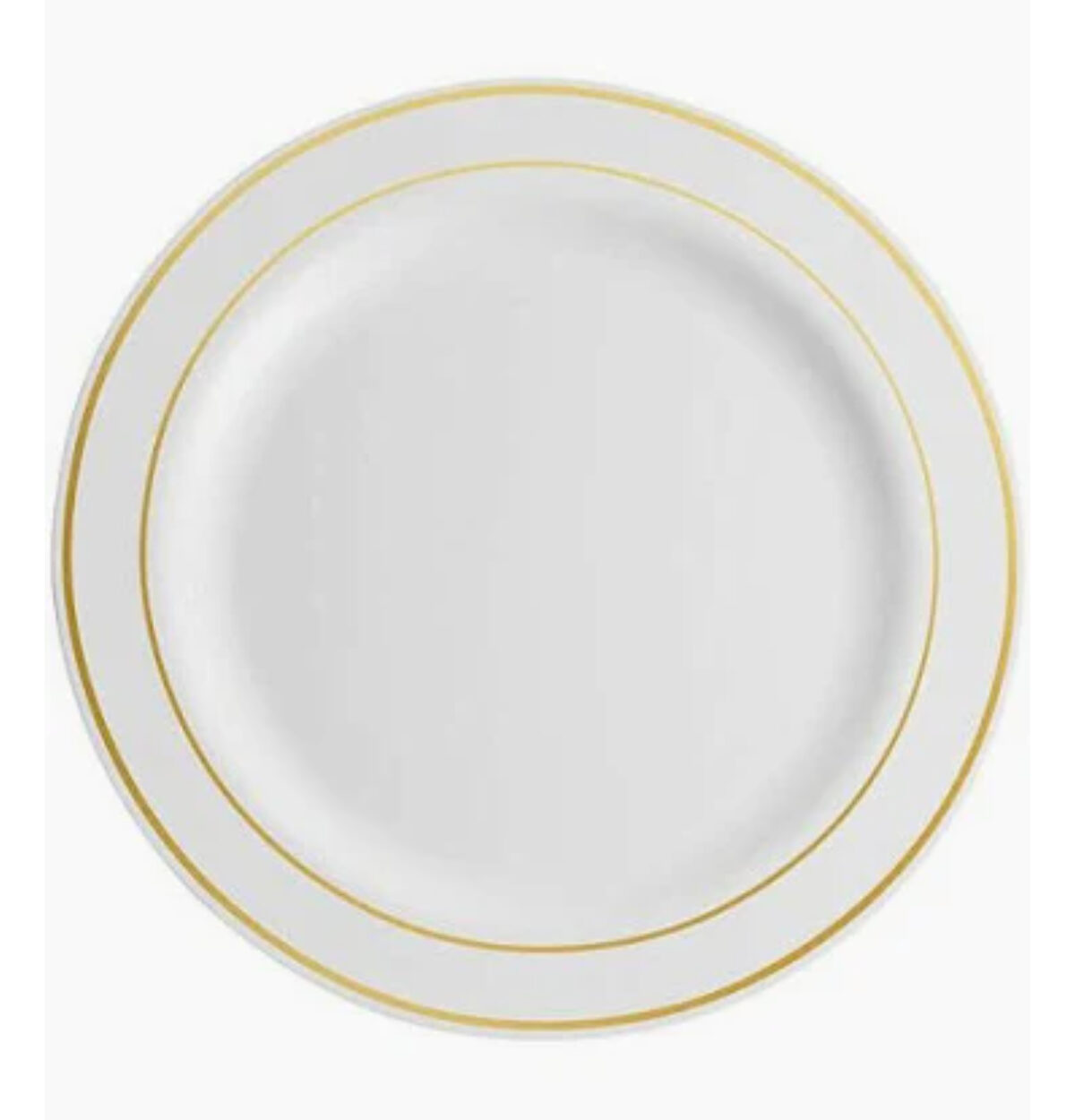 7" ROUND PLASTIC WHITE PLATE W/ GOLD METALLIC RIM